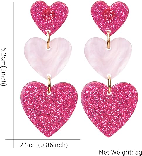 Heart Earrings Dangle Valentine's Day Earrings Pink Heart Earrings Red Heart Earrings Cute Love Dangling