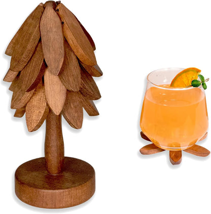 Wooden Tree-Shaped Sapeli Wood Drink Coasters Set for Coffee Table Kitchen Table Decor