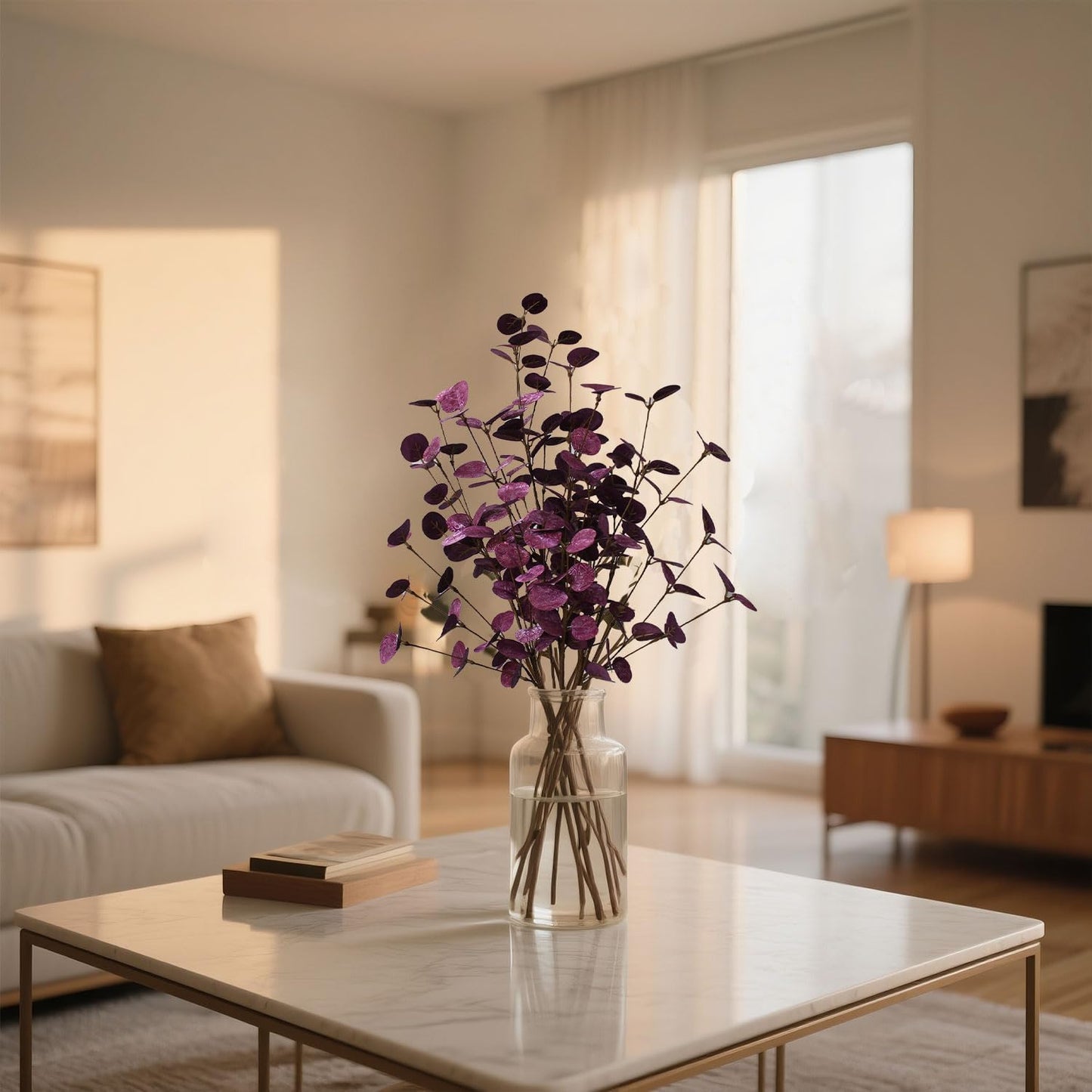 24" Purple Artificial Eucalyptus Stems Metallic Faux Eucalyptus Leaves for Halloween Decor, Fall Vase