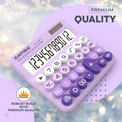 Mechanical Switch Calculator with Solar and Battery Dual Power 12-Digit Large LCD Display Aesthetic and Cute Desktop Calculator with Big Button