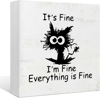Funny Office Desk Decor Black Cat 'It's Fine' Wood Box Sign Home Office Wall Tabletop Shelf Decor