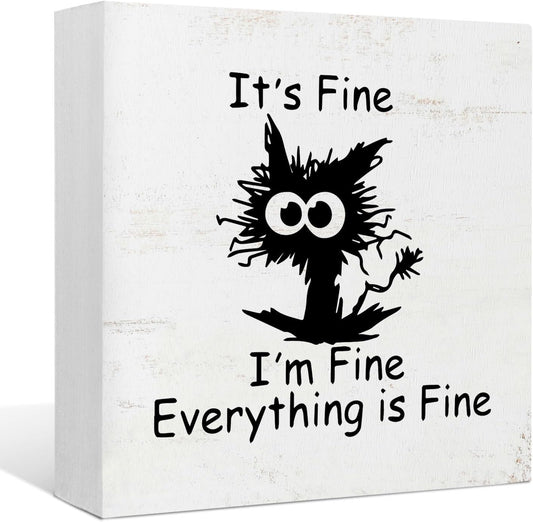 Funny Office Desk Decor Black Cat 'It's Fine' Wood Box Sign Home Office Wall Tabletop Shelf Decor