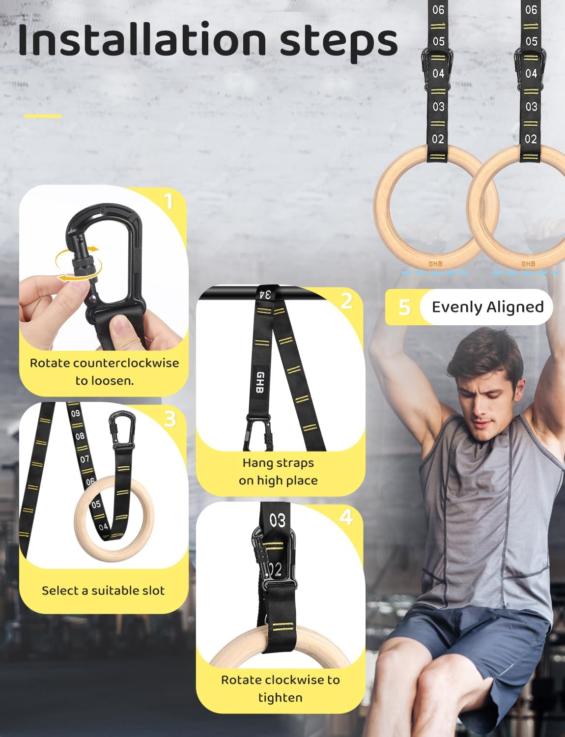 Wooden Gym Rings 1.25" Olympic Rings Adjustable Straps Pull Up Rings Sets for Workout