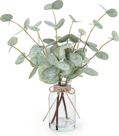 Artificial Eucalyptus Stems in Glass Vase with Faux Water 13.5" Fake Plants for Home Decor Coffee Table Centerpieces