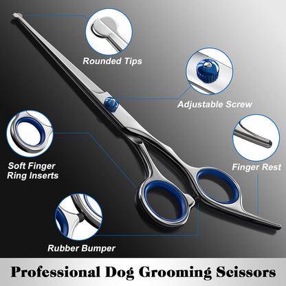 4 in 1 Dog & Cat Grooming Scissors Kit with Safety Round Tips Sharp & Durable Dog Shears