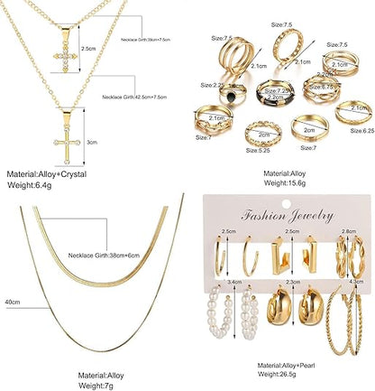 6Pcs Layered Necklace 11 Pcs anklet and 7Pcs Earring Ear Cuff 12Hoop Earrings 15pcs Rings 21 pcs stud earrings Jewerly set