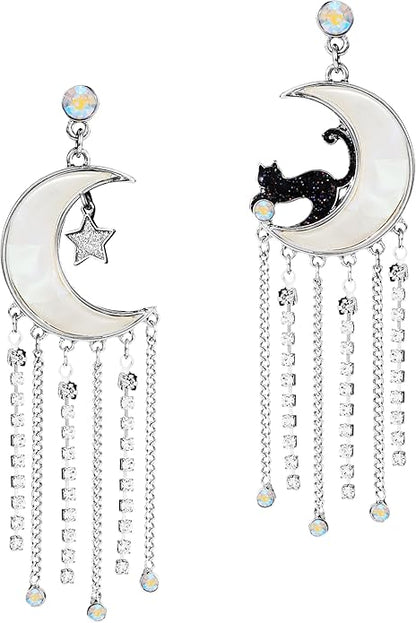 Witch Earrings Black Cat on Crescent Moon Dangle Tassel Earrings for Women Rhinestone