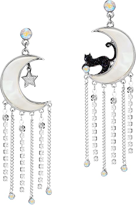 Witch Earrings Black Cat on Crescent Moon Dangle Tassel Earrings for Women Rhinestone