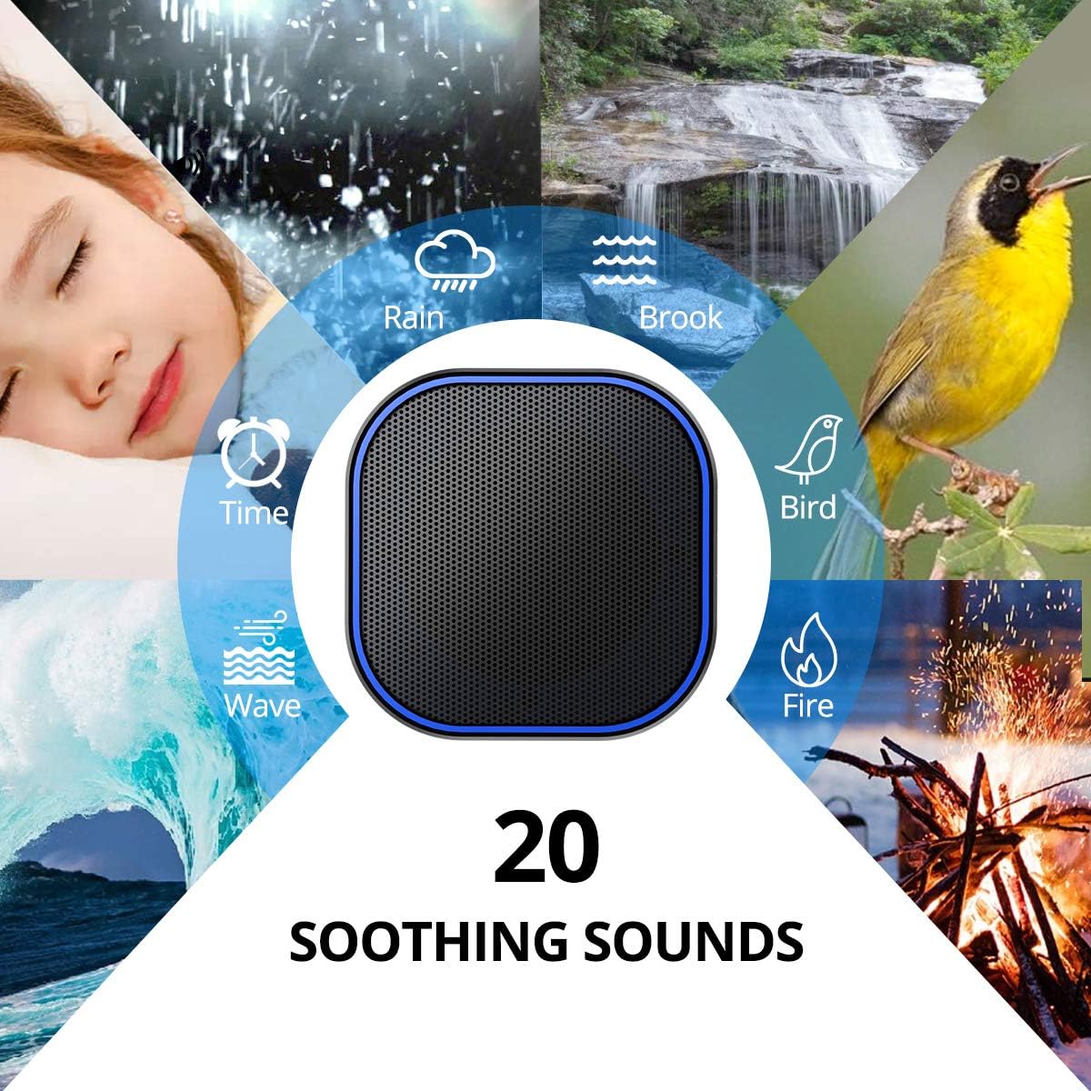 White Noise Machine with 20 Non Looping Natural Soothing Sounds Memory Function 32 Levels of Volume Powered