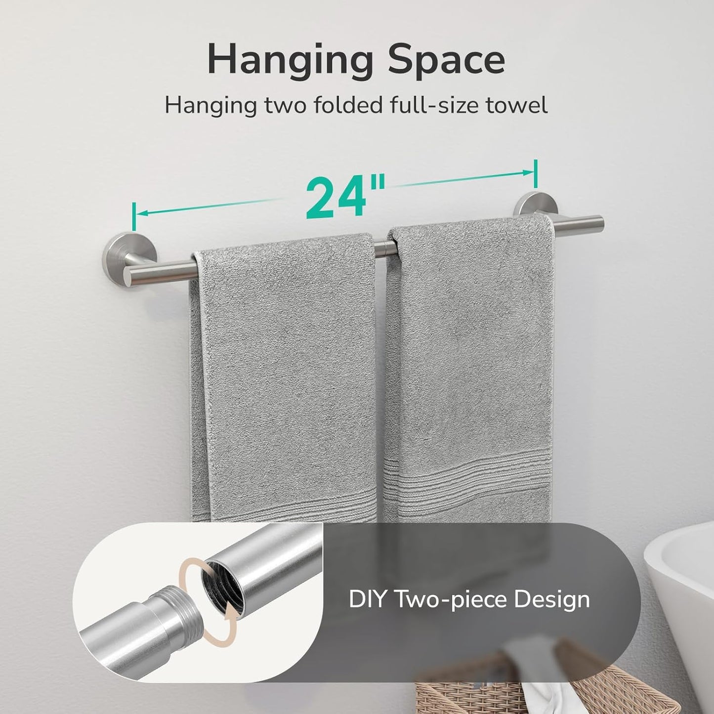 24-Inch Towel Rack for Bathroom Wall Mounted Thicken SUS304 Stainless Steel Towel Rod Modern Home Decor
