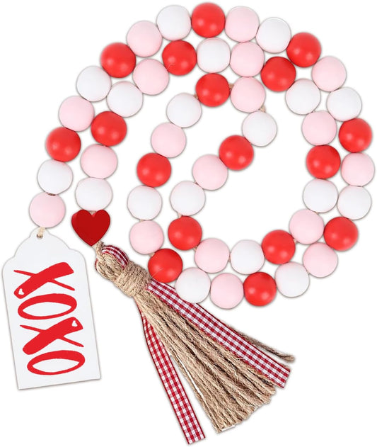 Red White Pink Wood Bead Garland with Tassel XOXO Wood Tag Tiered Tray Decor Rustic Beads Hanging