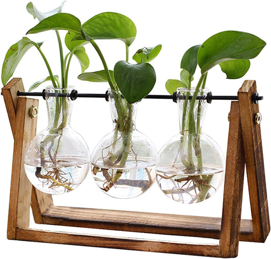 Wooden Stand Air Planter Bulb Glass Vase Metal Swivel Holder Retro Tabletop