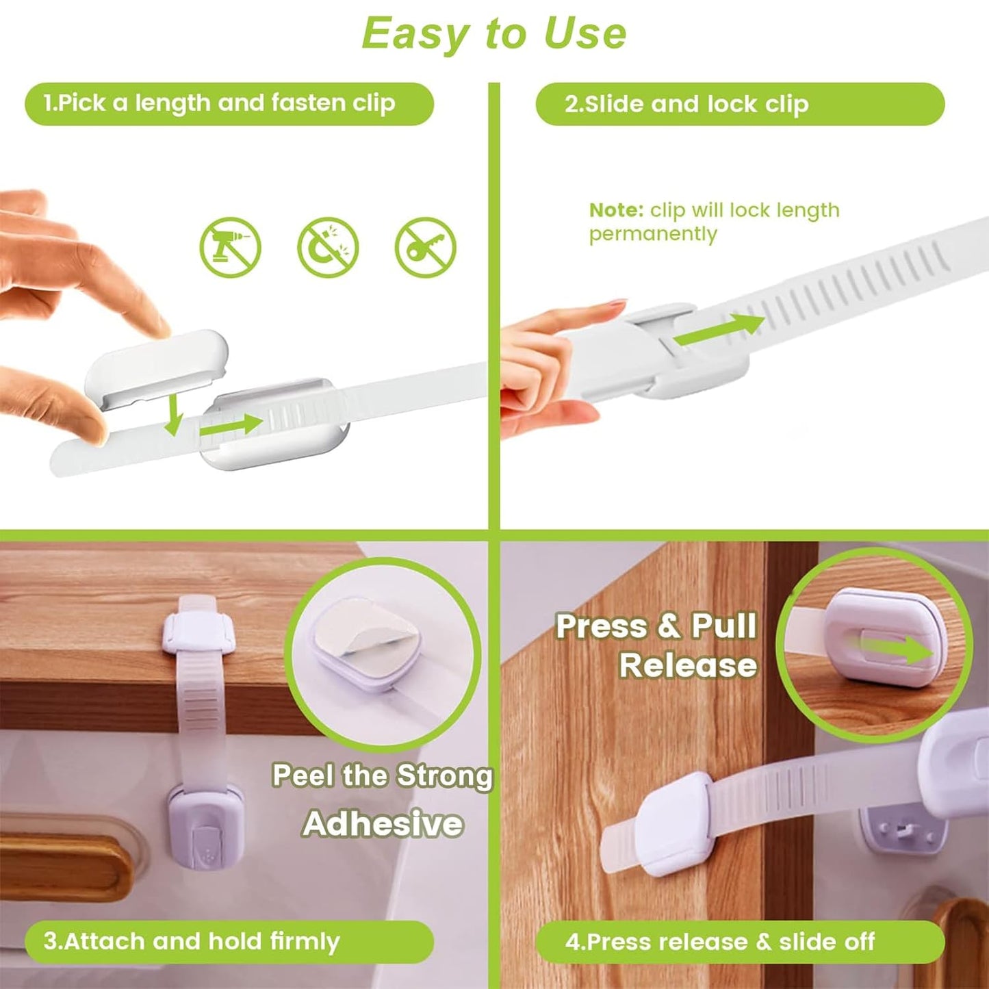 Child Proof Cabinet Locks (4 Packs), Baby Toddlers Locks for Drawers Refrigerator Safety Latches for Kids Pets, Durable Safe ABS Material Strong