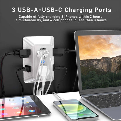 Wall Outlets with 4 USB Charging Ports 1 USB C Outlet 3 Sided 1680J Surge Protector Power Strip USB Wall Charger for Home Office