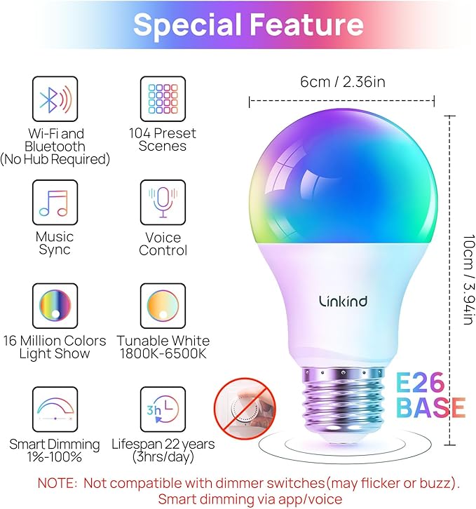 4 Pack Smart Bulb That Work with Alexa & Google Home LED Light Bulbs Color Changing, 104 Preset Scene