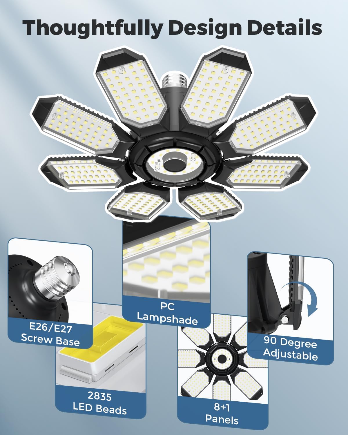 LED Garage Ceiling Lights 2 Pack w  8+1 Adjustable Panel, Super Bright 28000LM Deformable Basement