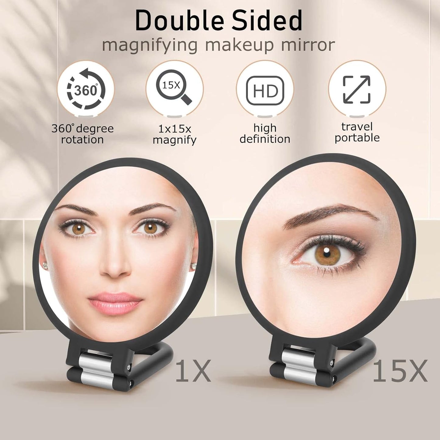 Handheld Mirror Double Sided 1X 15X Magnification Hand Mirrors, Travel Folding Hand Held Mirror