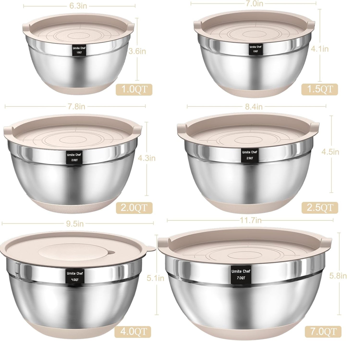 26PCS Stainless Steel Khaki Bowls with Grater Attachments Non Slip Bottoms & Kitchen