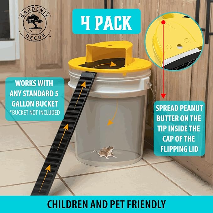 5 Gallon Bucket Lid Mouse Rat Trap 4 Pack  Automatic Reset Flip and Slide Mouse Trap
