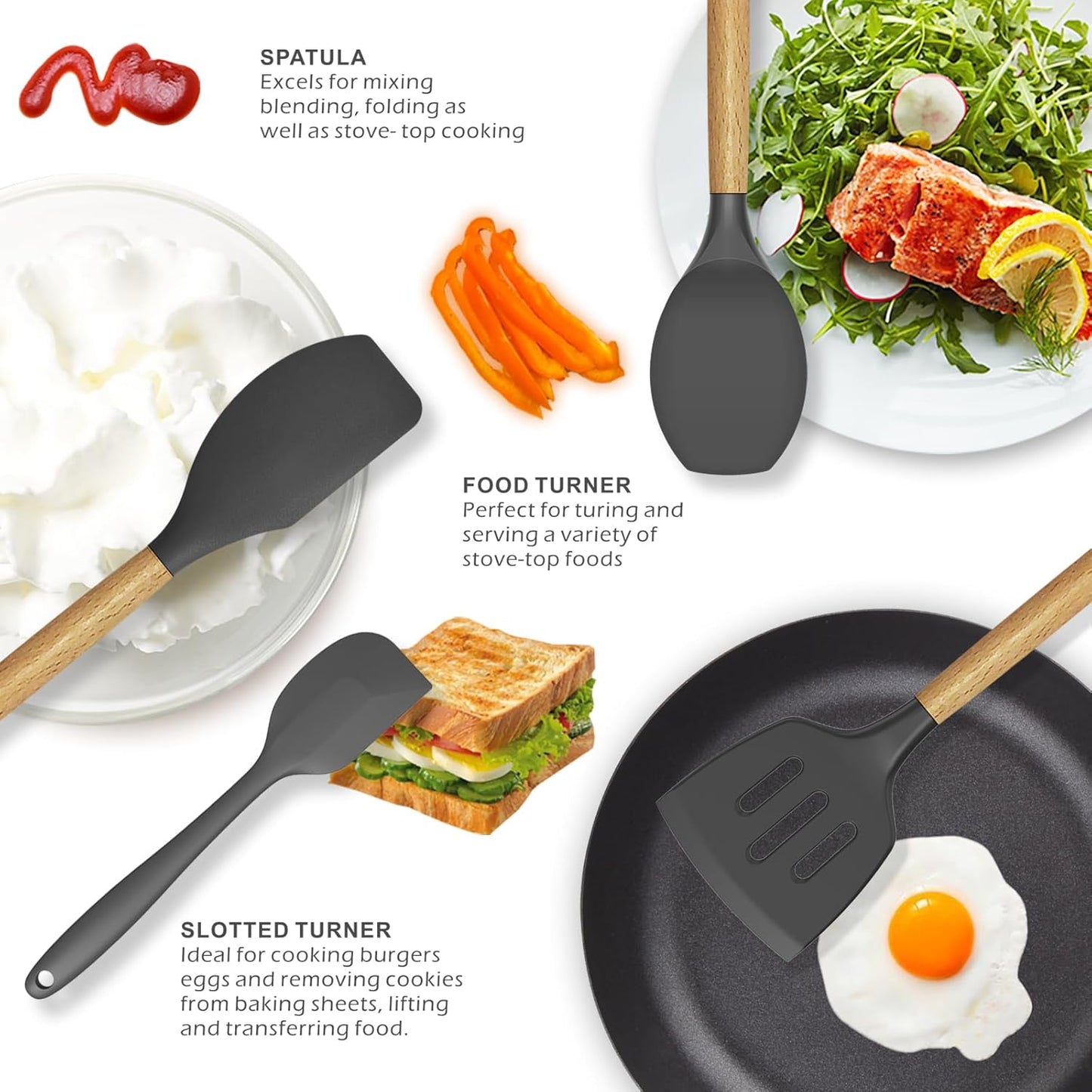 Kitchen Utensil Set 446°F Heat Resistant Silicone Kitchen Utensils Set Spatula Turner Tongs