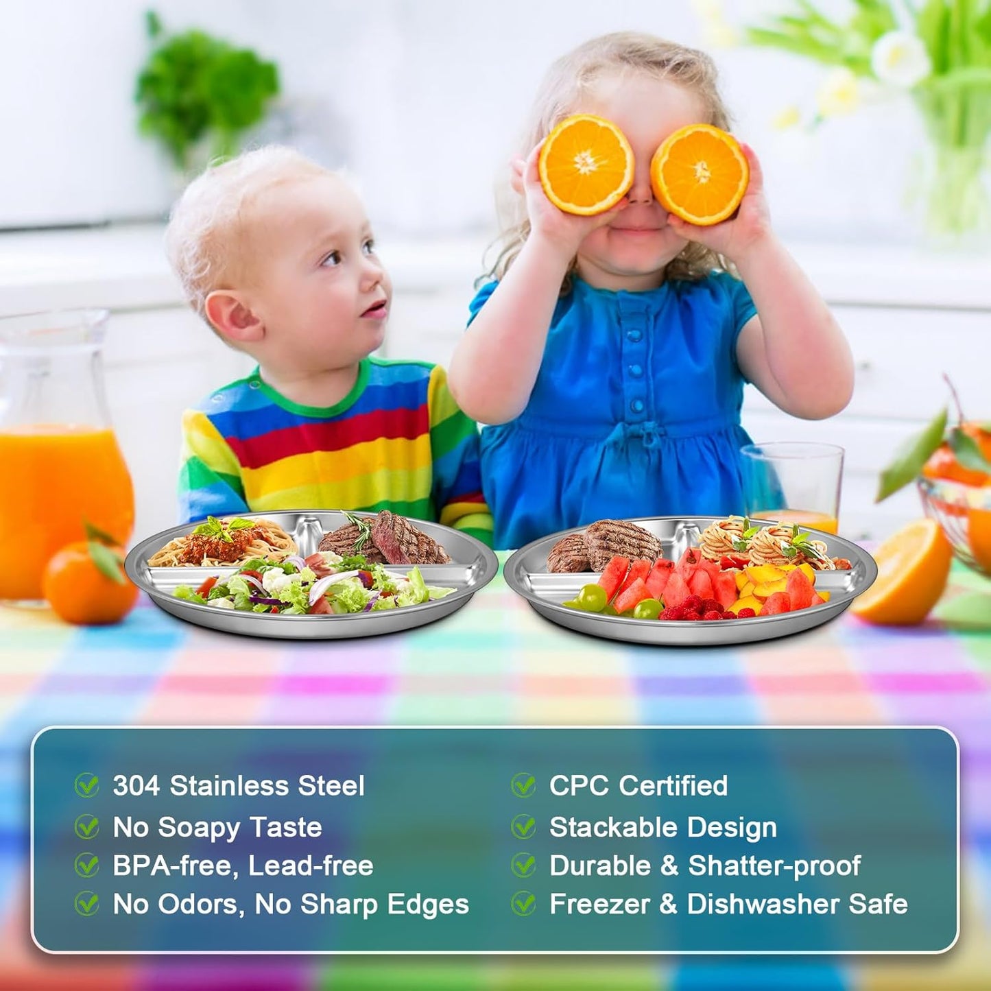Set of 6, 9" Portion Control Plates Divided Plate for Adults Kids Balance Lunch Non Slip Unbreakable