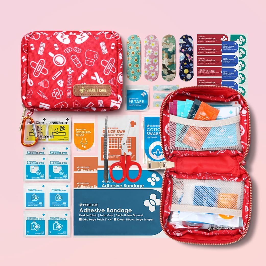 105 Medical Essentials Organized in Portable Storage Bag Pocket Size Kids First Aid Kit with D Ring