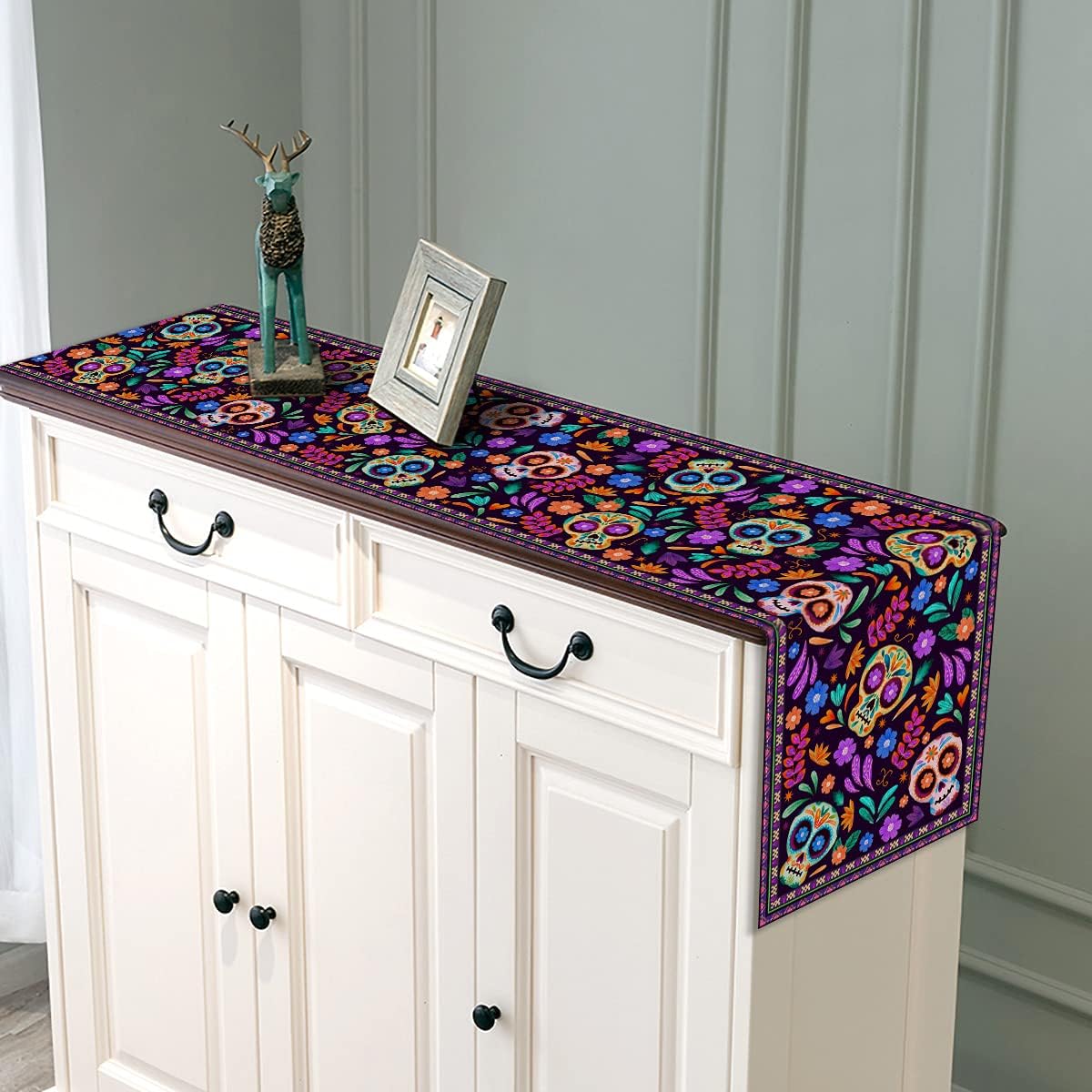 Table Runner Cinco de Mayo Rustic Linen Mexican Sugar Skull Day of The Dead Altar Decoration