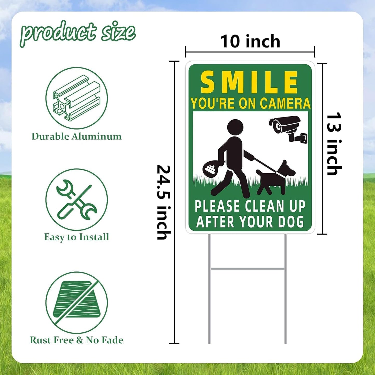2 Pack 13"x10" Double Sided H Stake Metal Stakes Smile Your on Camera Signs No Pooping Dog Signs