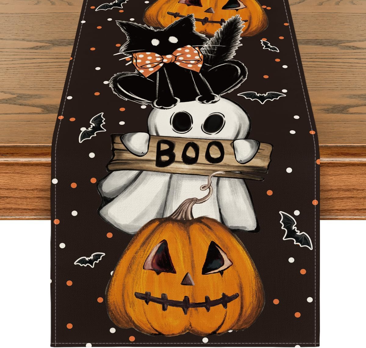 Polka Dot Ghost Pumpkin Cat Boo Halloween Table Runner Bat Seasonal Fall Kitchen Dining Table Decoration