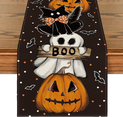Polka Dot Ghost Pumpkin Cat Boo Halloween Table Runner Bat Seasonal Fall Kitchen Dining Table Decoration