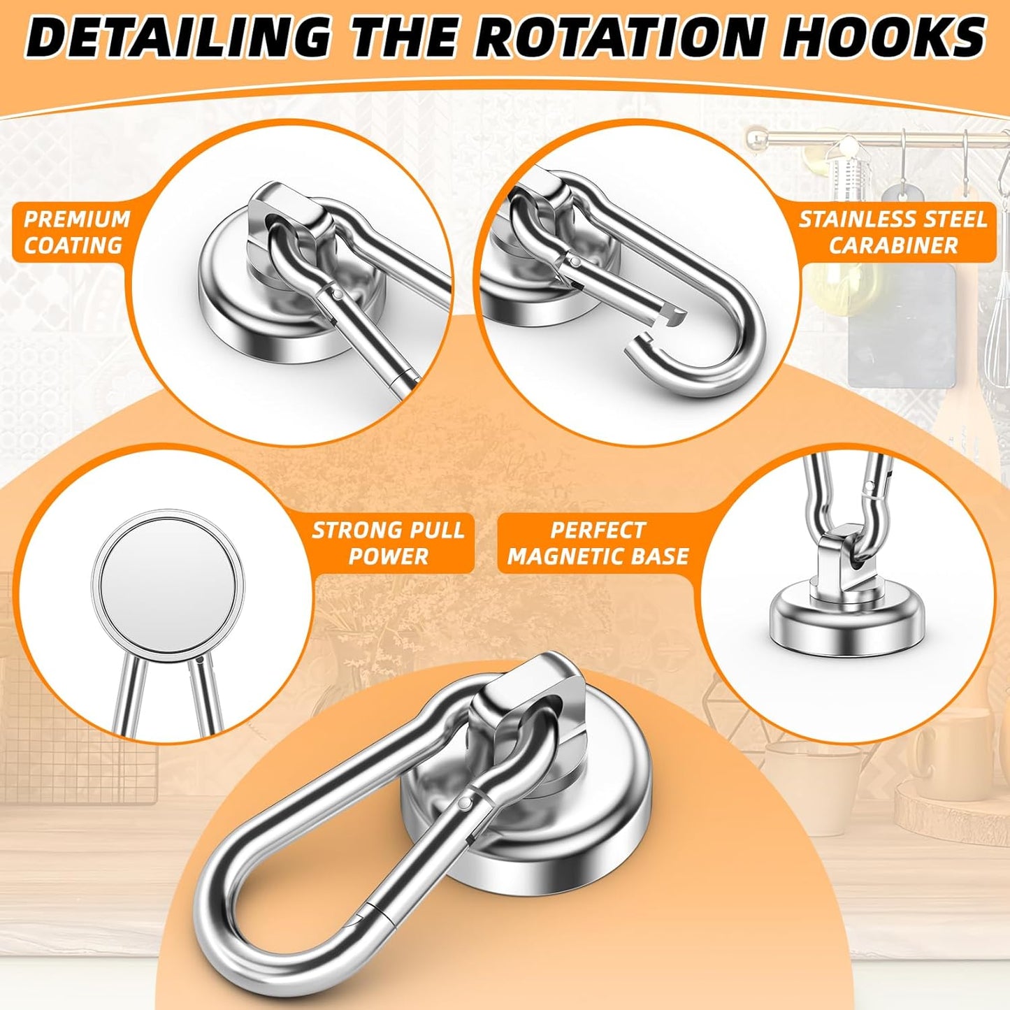 10 Pack Strong Neodymium Magnetic Hooks Heavy Duty with Swivel Carabiner 70LBS Magnet Hooks