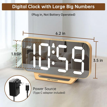 Slim Digital Mirror Aesthetic Alarm Clock for Bedrooms Desk Decor Plug in Electric Big LED