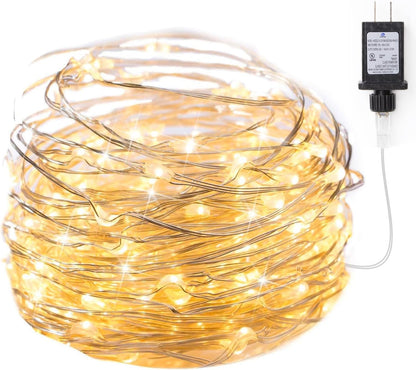 Fairy Lights Plug in 33Ft 100 LEDs Waterproof Silver Wire Firefly Lights Adaptor Included, Starry String Lights for Wedding