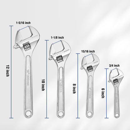 4-piece Adjustable Wrench Set Forged Heat Treated Chrome-plated 6-inch 8-inch 10-inch 12-inch