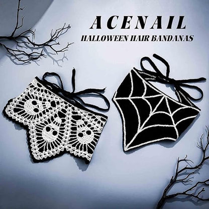 2 Pcs Black Skull Headbands Crochet Bandanas Headband Web Gothic Head Scarf Halloween Hair Accessories for Women