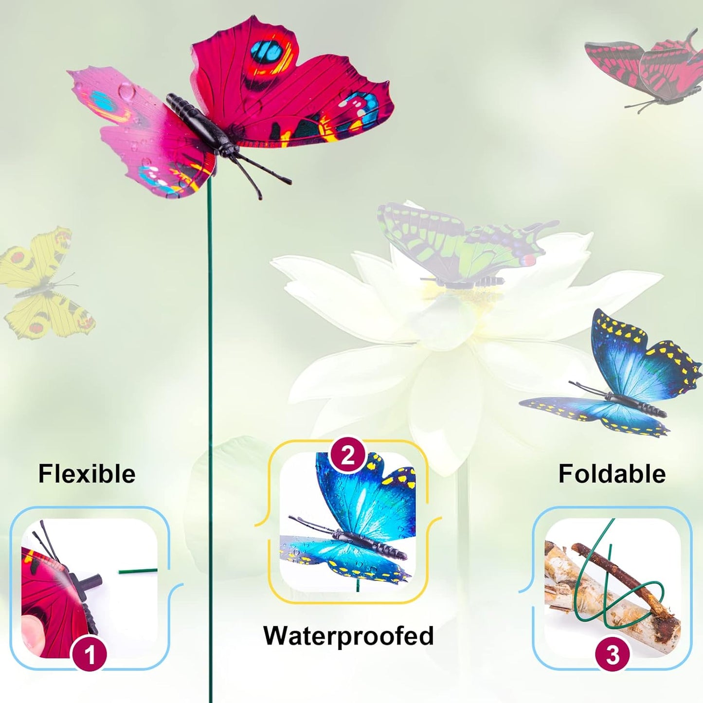 50PCS Butterfly Garden Decorations 11.8 inch Butterfly Stakes Ornaments Artificial Waterproof Butterflies