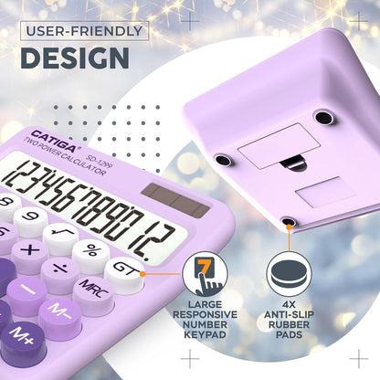 Mechanical Switch Calculator with Solar and Battery Dual Power 12-Digit Large LCD Display Aesthetic and Cute Desktop Calculator with Big Button