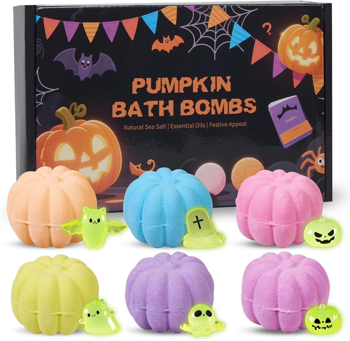 Bath Bombs for Kids Pumpkin Bath Bombs with Halloween Luminous Mini Resin Toys Inside