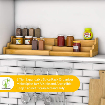 Rack Kitchen Cabinet Organizer 3 Tier Bamboo Expandable Display Shelf