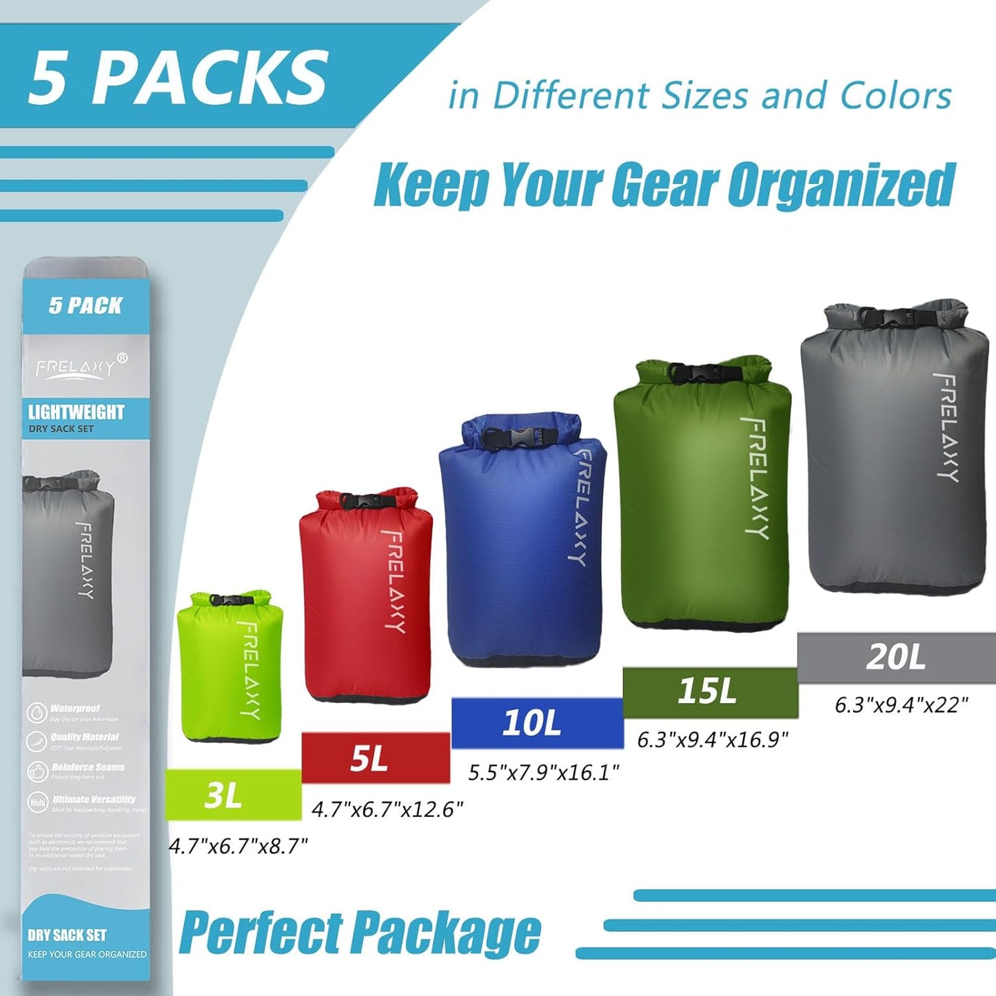 5-Pack Ultralight Dry Sack Outdoor Bags Keep Gear Dry for Hiking Backpacking Kayaking Camping