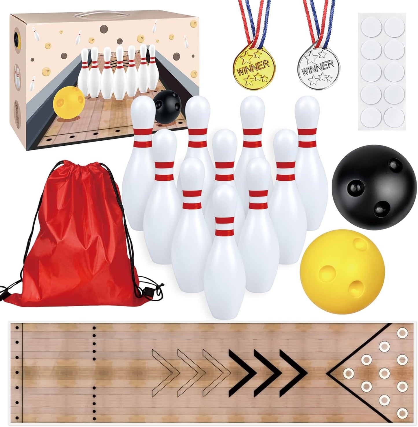 Mini Bowling Set Indoor Outdoor Indoor Bowling Set with Guide Arrow Mat Gold and Silver Medal