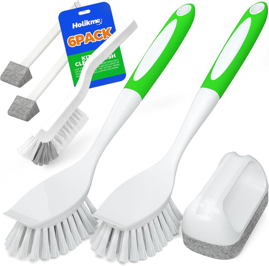 6Pack Kitchen Cleaning Brush Green Kitchen dish brush set includes 2 dish cleaning brushes 1 dish scouring pad 1 wire brush 2 groove gap brushes