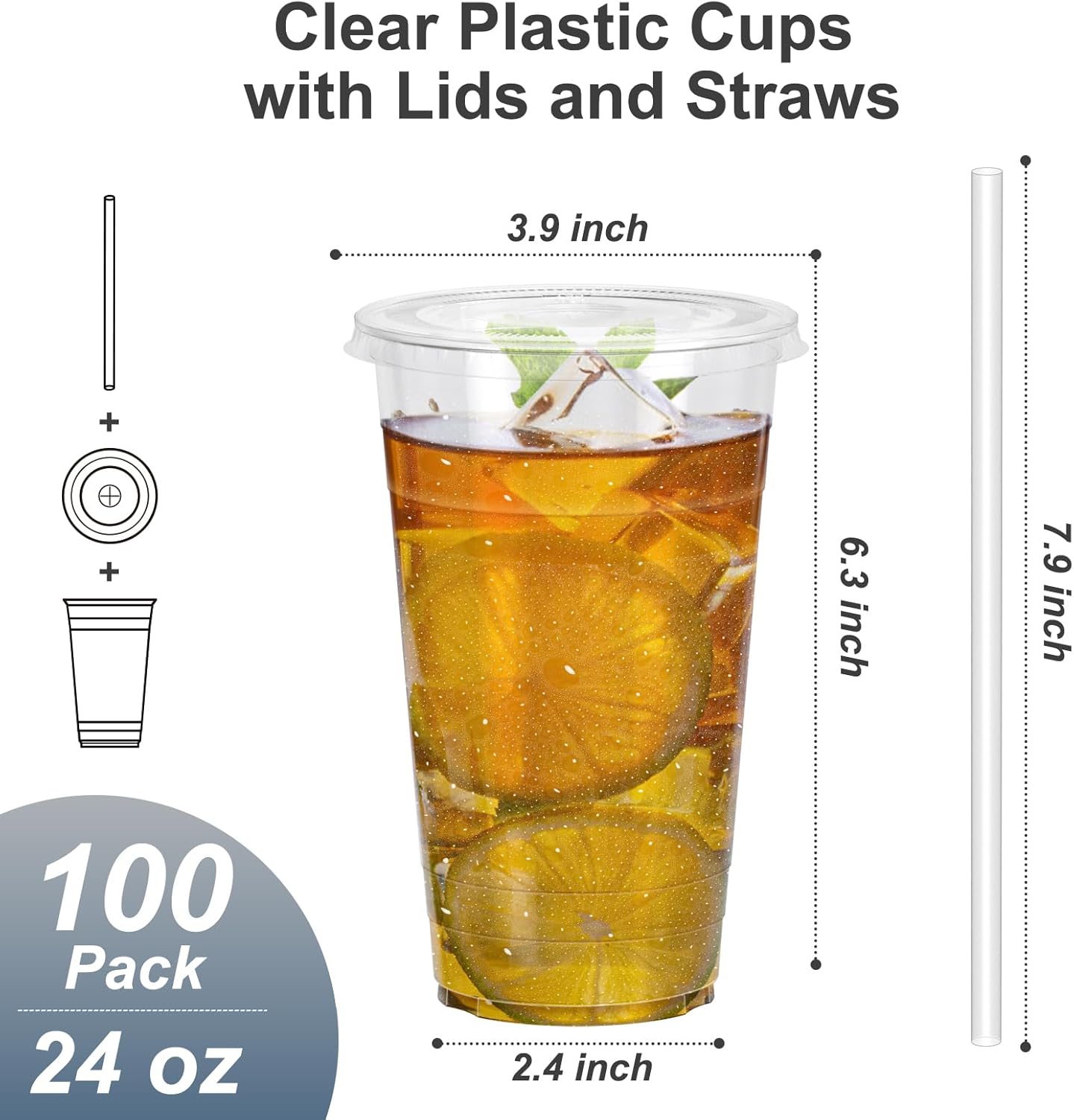 24 oz Clear Plastic Cups with Lids and Straws, Sturdy & Food Safe Iced Coffee Cups with lids Disposable