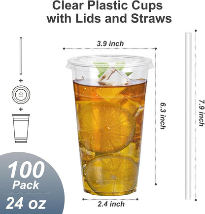 24 oz Clear Plastic Cups with Lids and Straws, Sturdy & Food Safe Iced Coffee Cups with lids Disposable