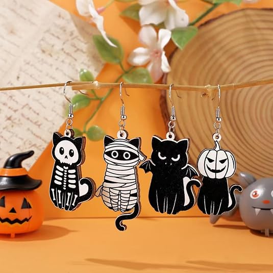 Earrings for Women Halloween Jewelry for Women Funny Halloweens Gifts for Woman Cute Wooden Cat Ghost Skeleton