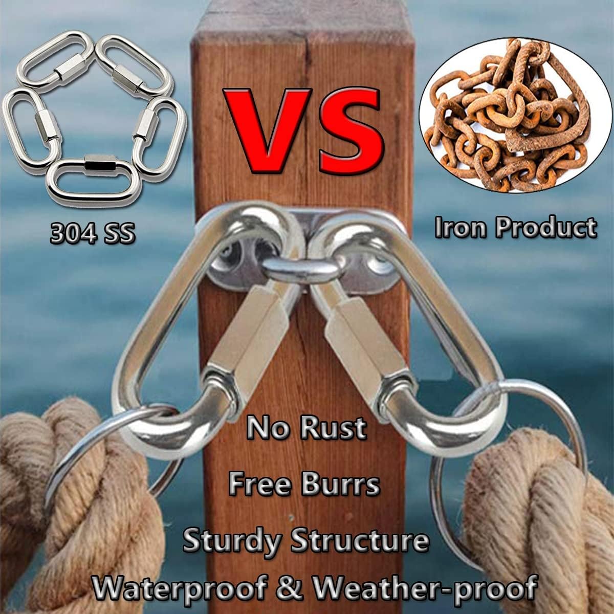 304 Stainless Steel D Shape Locking Carabiner Heavy Duty Chain Link Keychain for Outdoor