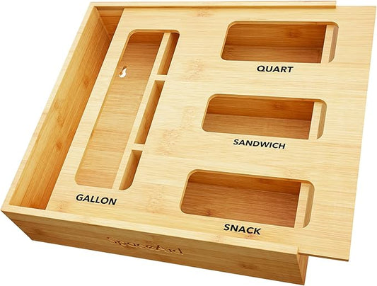 Storage Organizer for Kitchen Drawer Bamboo Organizer Compatible with Gallon Quart