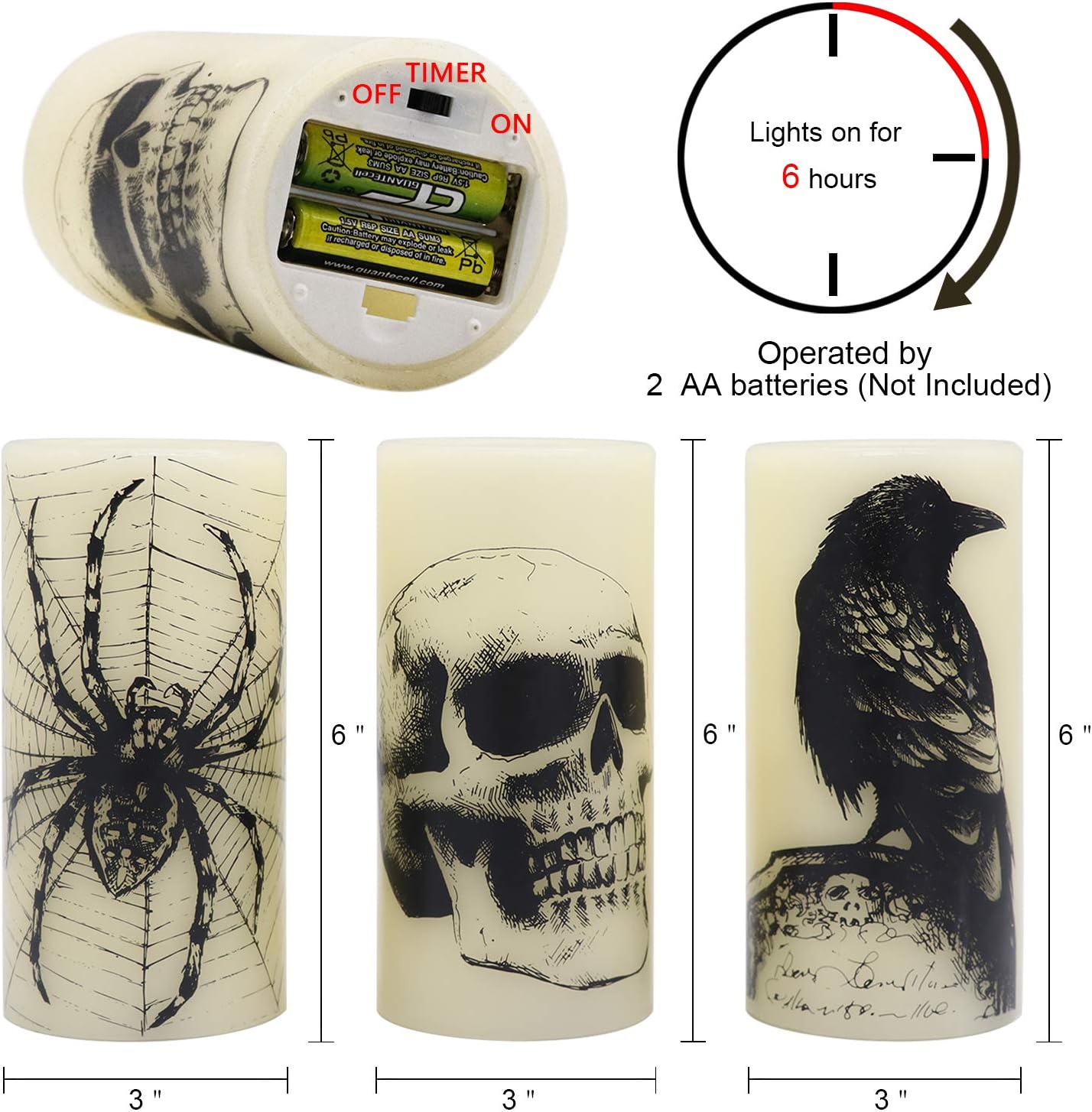 Flickering Candles Battery Operated with 6H Timer Skull Spider Web Crow Raven Spooky