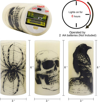 Flickering Candles Battery Operated with 6H Timer Skull Spider Web Crow Raven Spooky