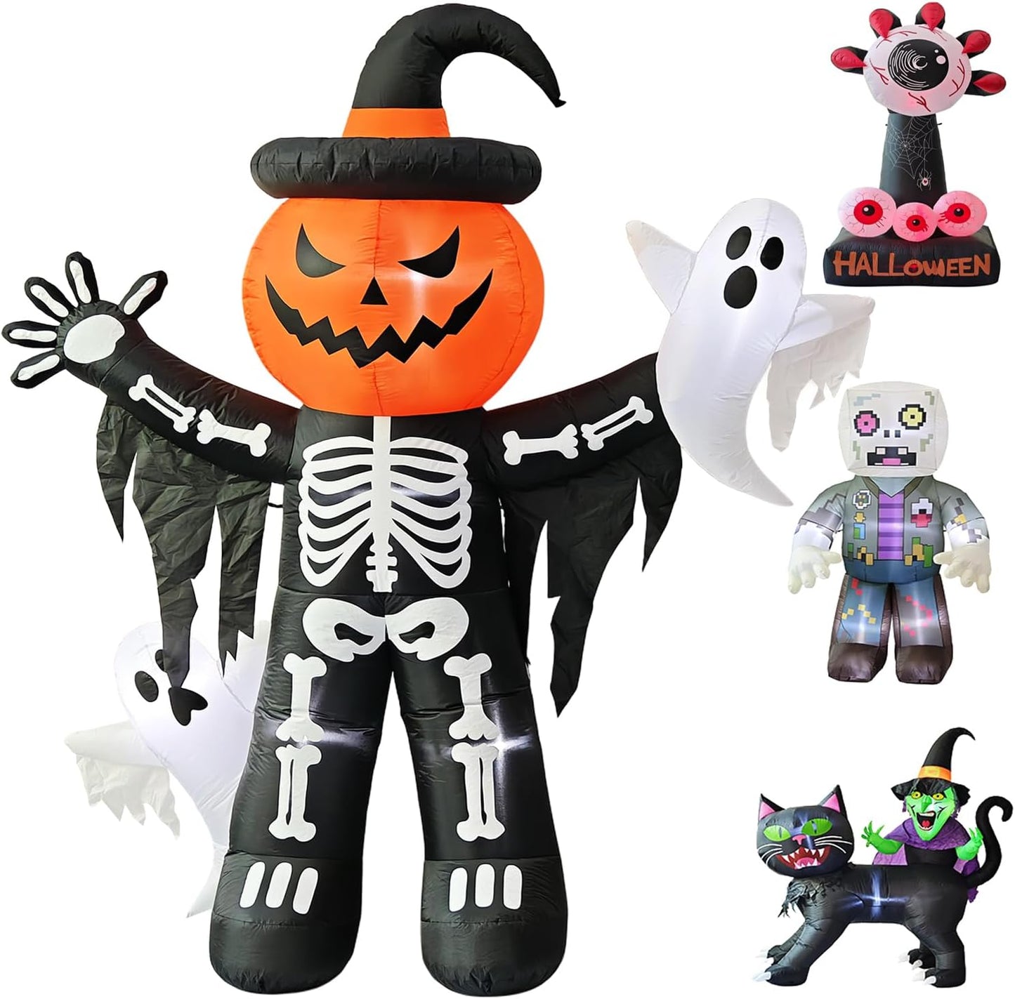 8ft Skeleton Pumpkin with Ghosts Halloween Inflatable Decorations Giant LED-Lit Outdoor Indoor Yard Decor for Lawn
